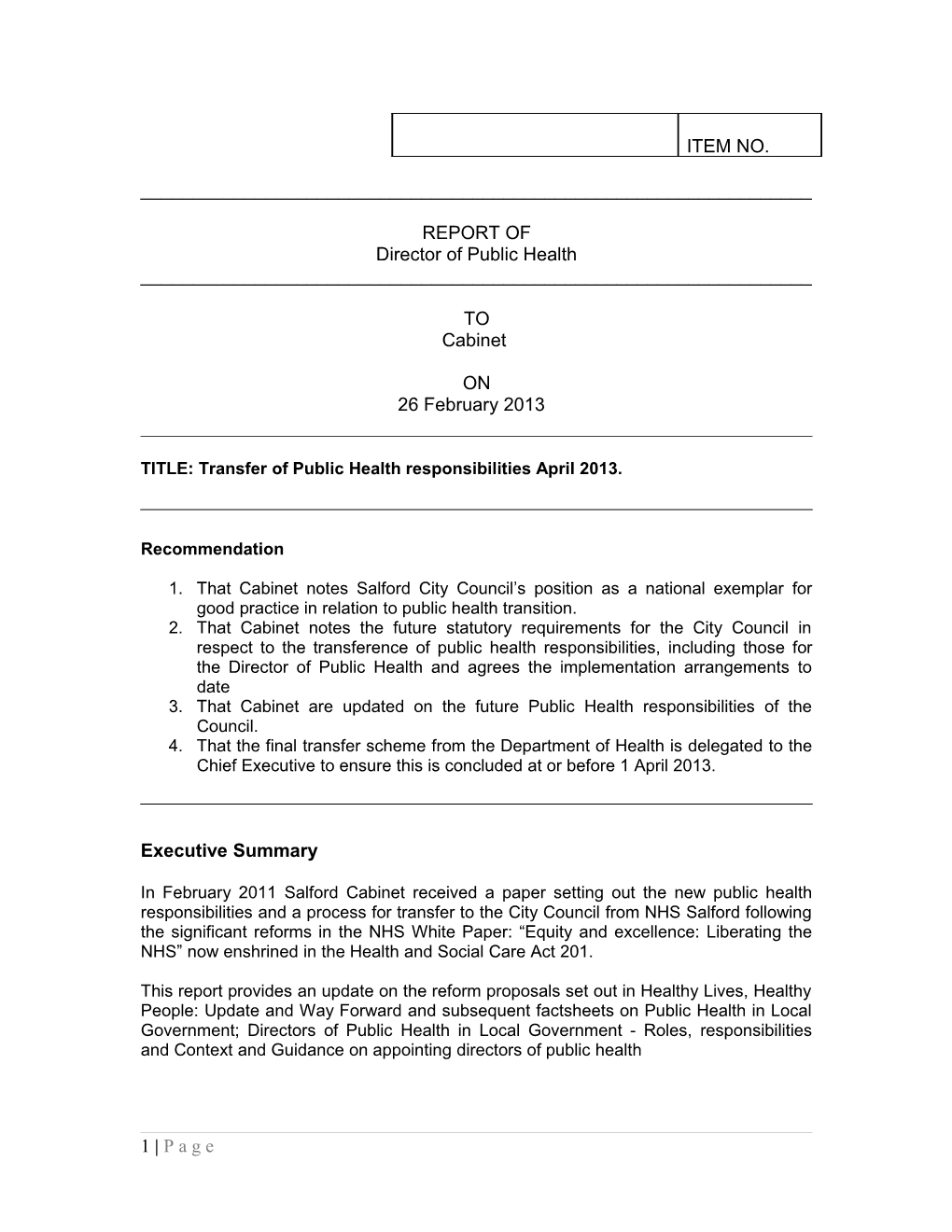 TITLE: Transfer of Public Health Responsibilities April 2013