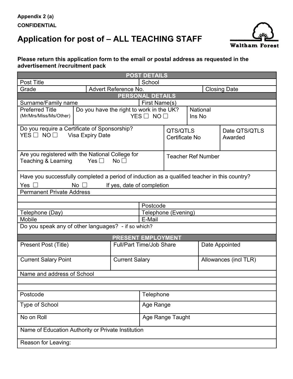 Application for Post of ALL TEACHING STAFF