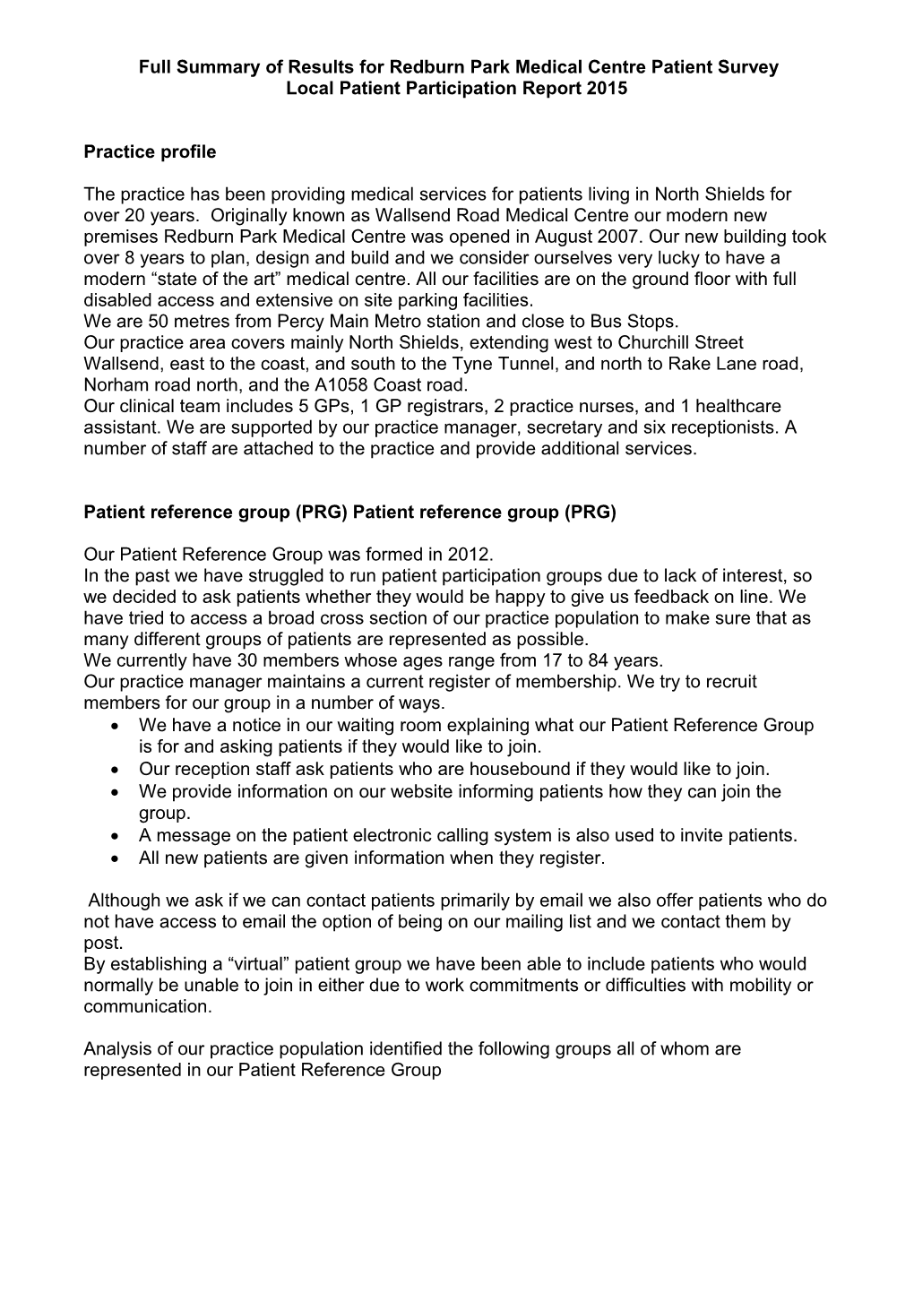 Summary of Results for Redburn Park Medical Centre Patient Survey 2012