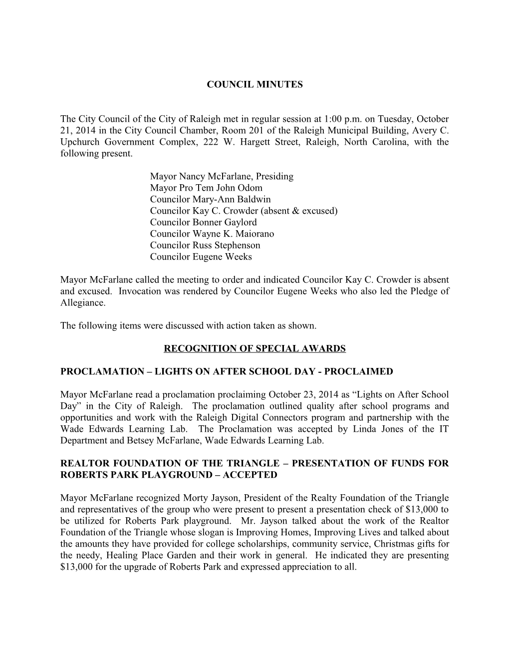 Raleigh City Council Minutes - 10/21/2014