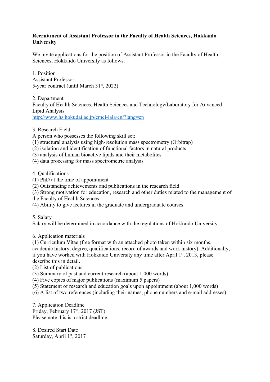 Recruitment of Assistant Professor in the Faculty of Health Sciences,Hokkaido University