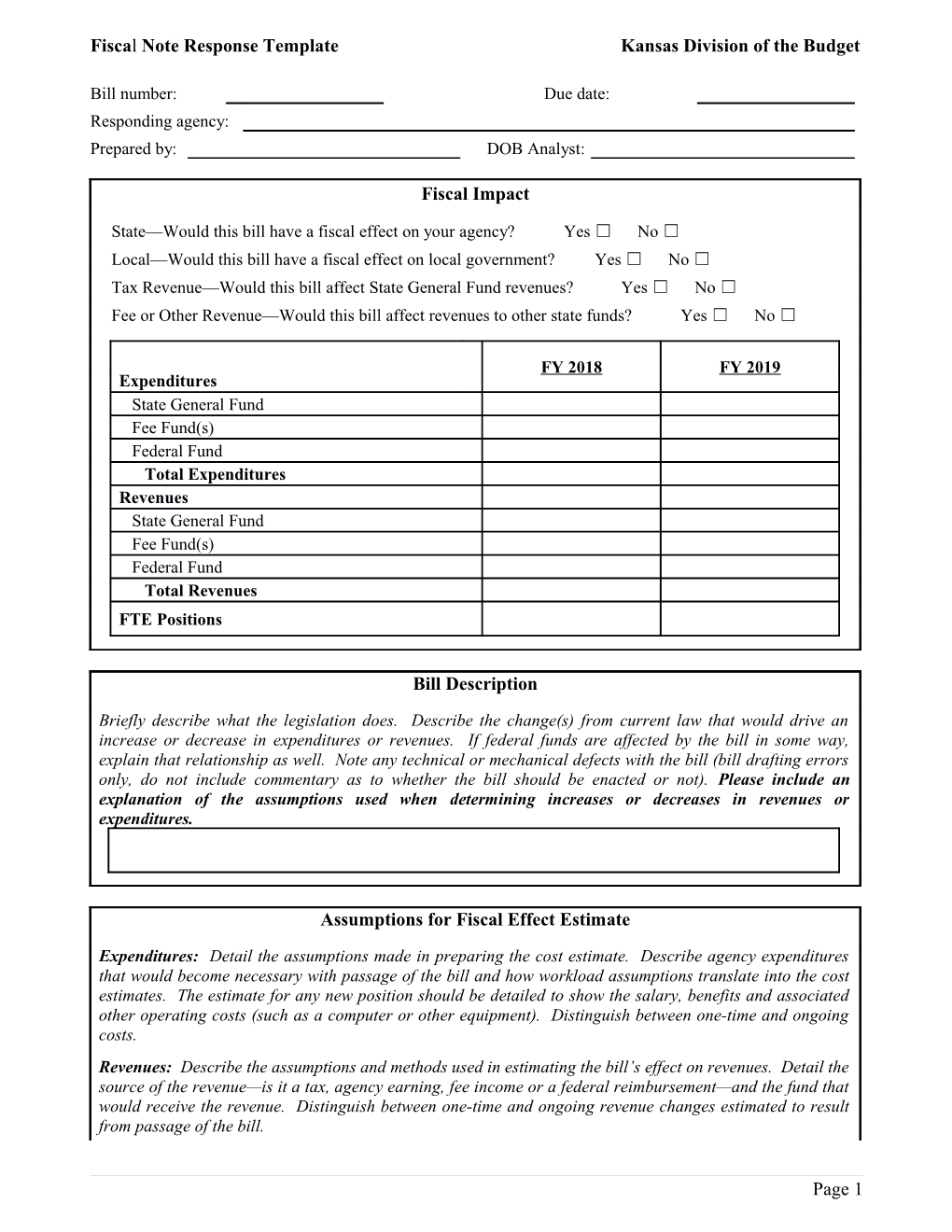 Fiscal Note Response Templatekansas Division of the Budget