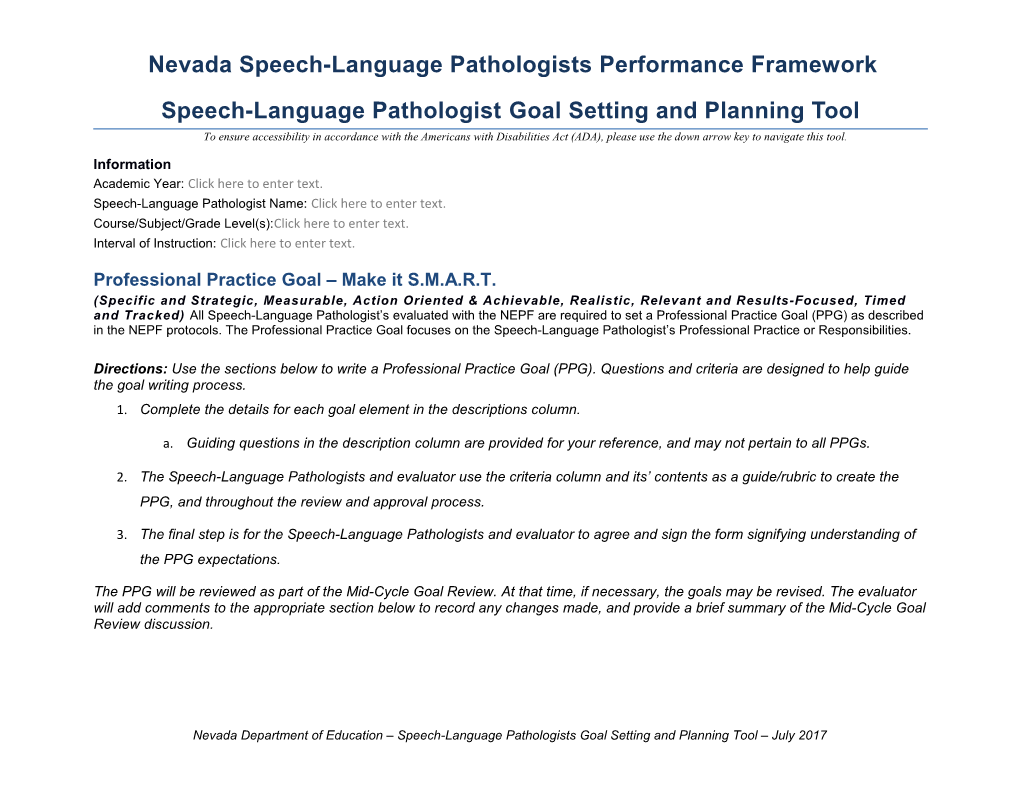Nevada Speech-Language Pathologists Performance Framework