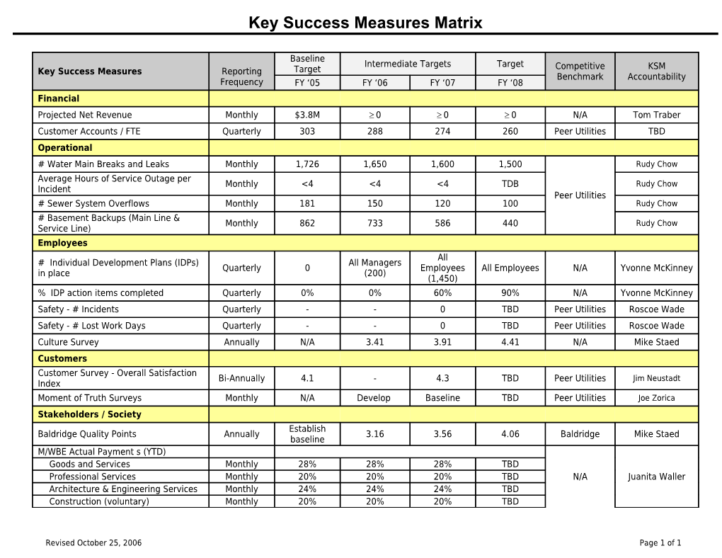 Key Success Measures Matrix