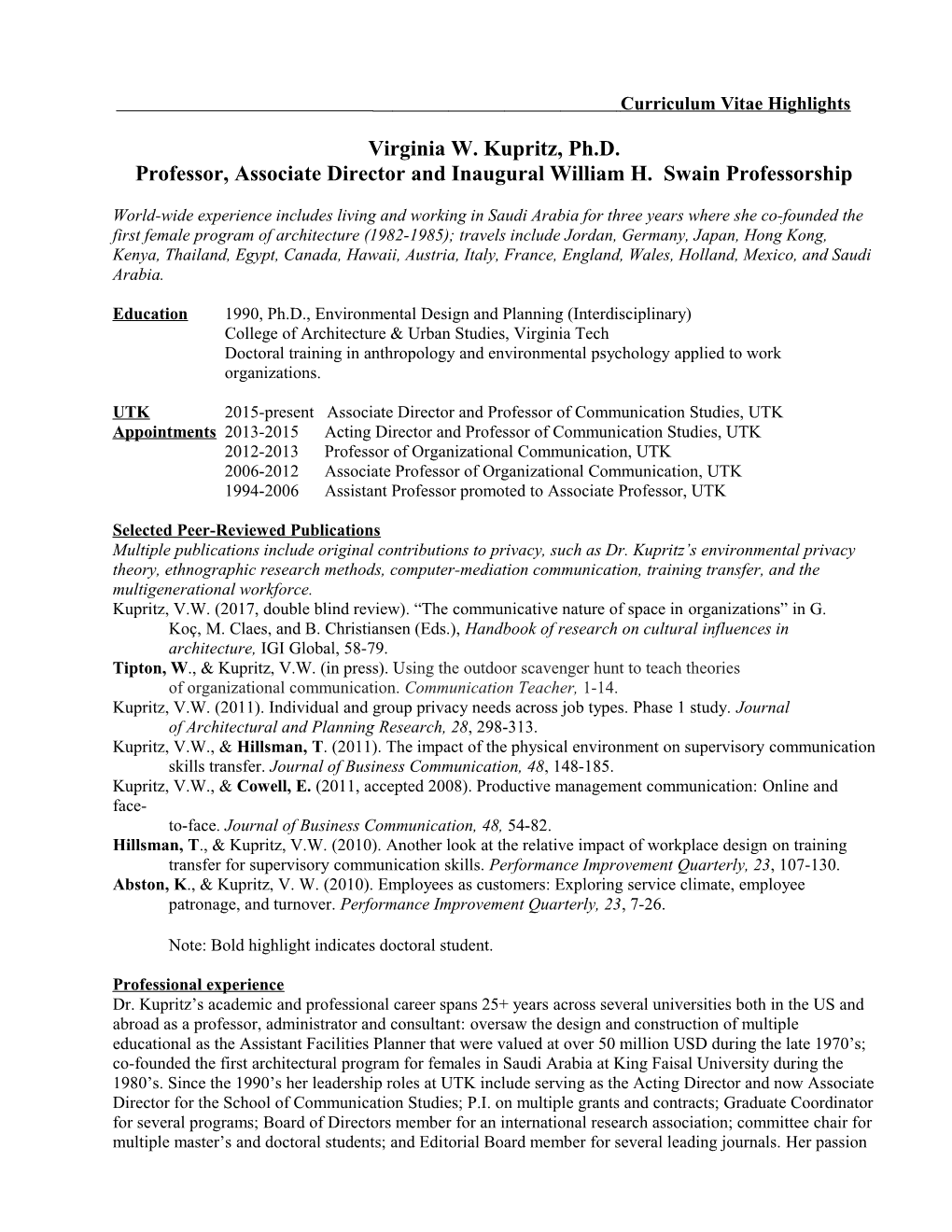 Curriculum Vitae at the University of Tennessee