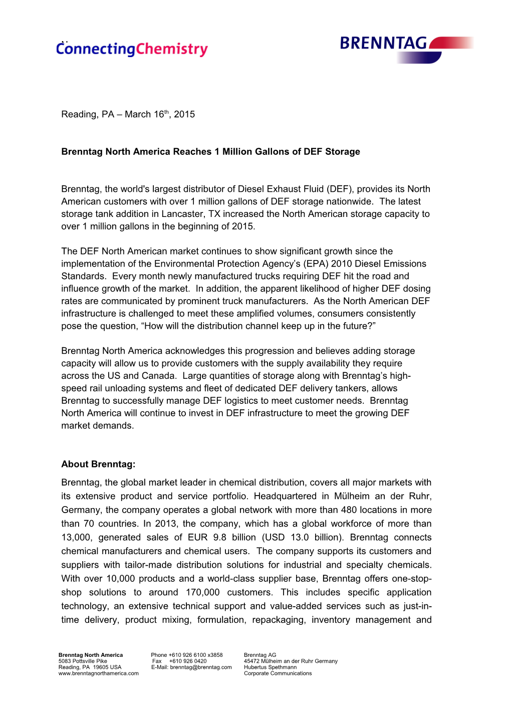 Brenntag North America Reaches 1 Million Gallons of DEF Storage