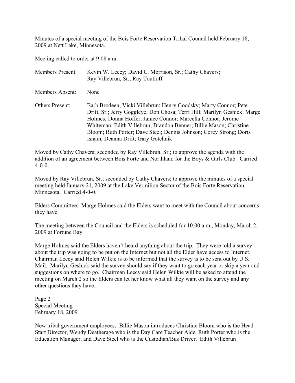Minutes of a Special Meeting of the Bois Forte Reservation Tribal Council Held February