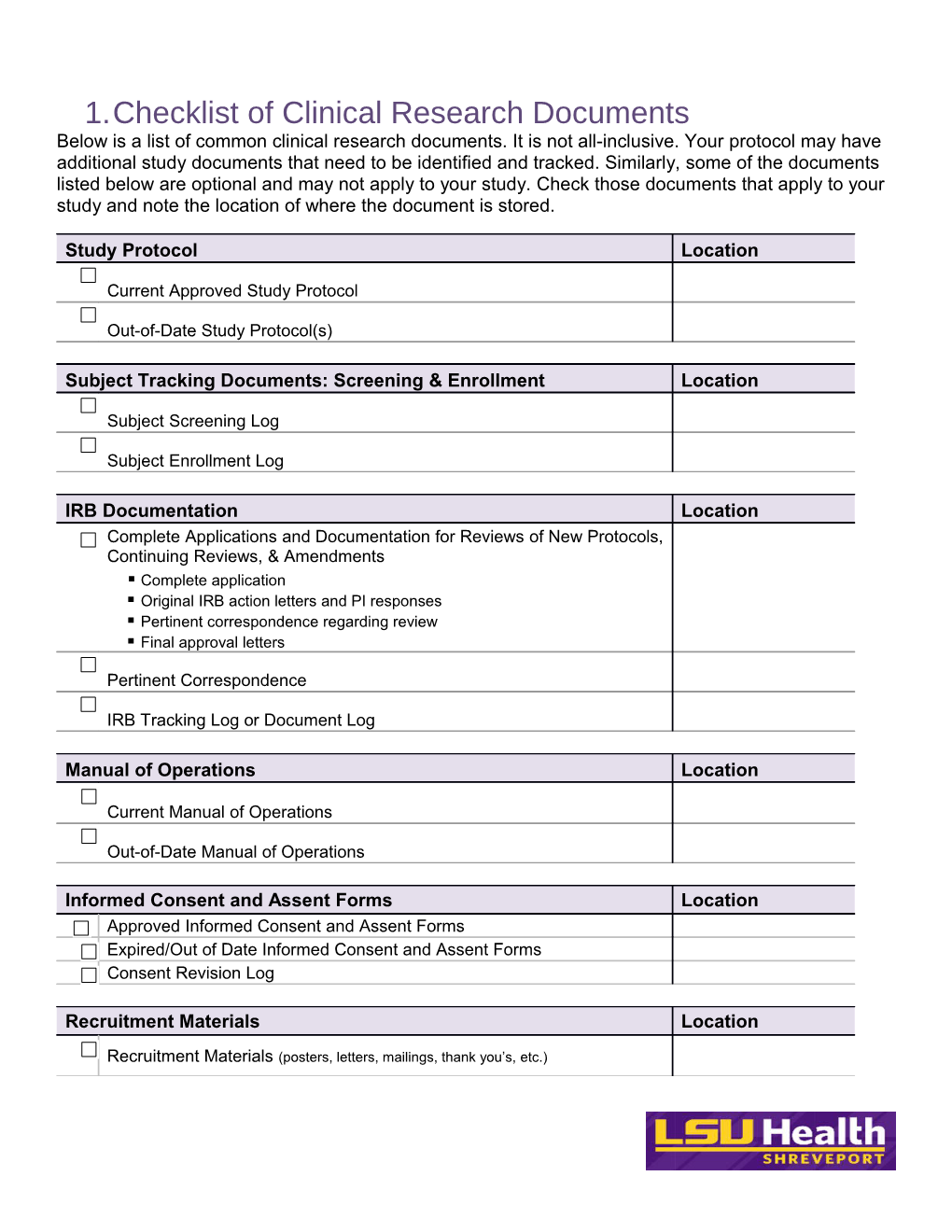 Checklist of Clinical Research Documents