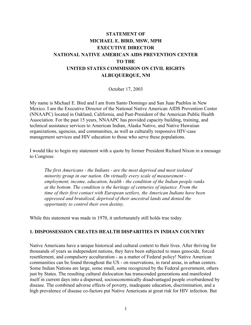 Michael Bird 10/17/2003 Testimony Before US Commission on Civil Rights