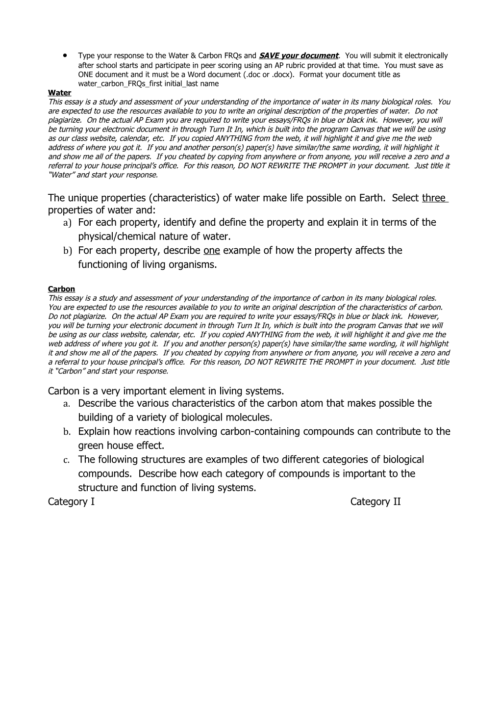 Type Your Response to the Water & Carbon Frqs and SAVE Your Document . You Will Submit