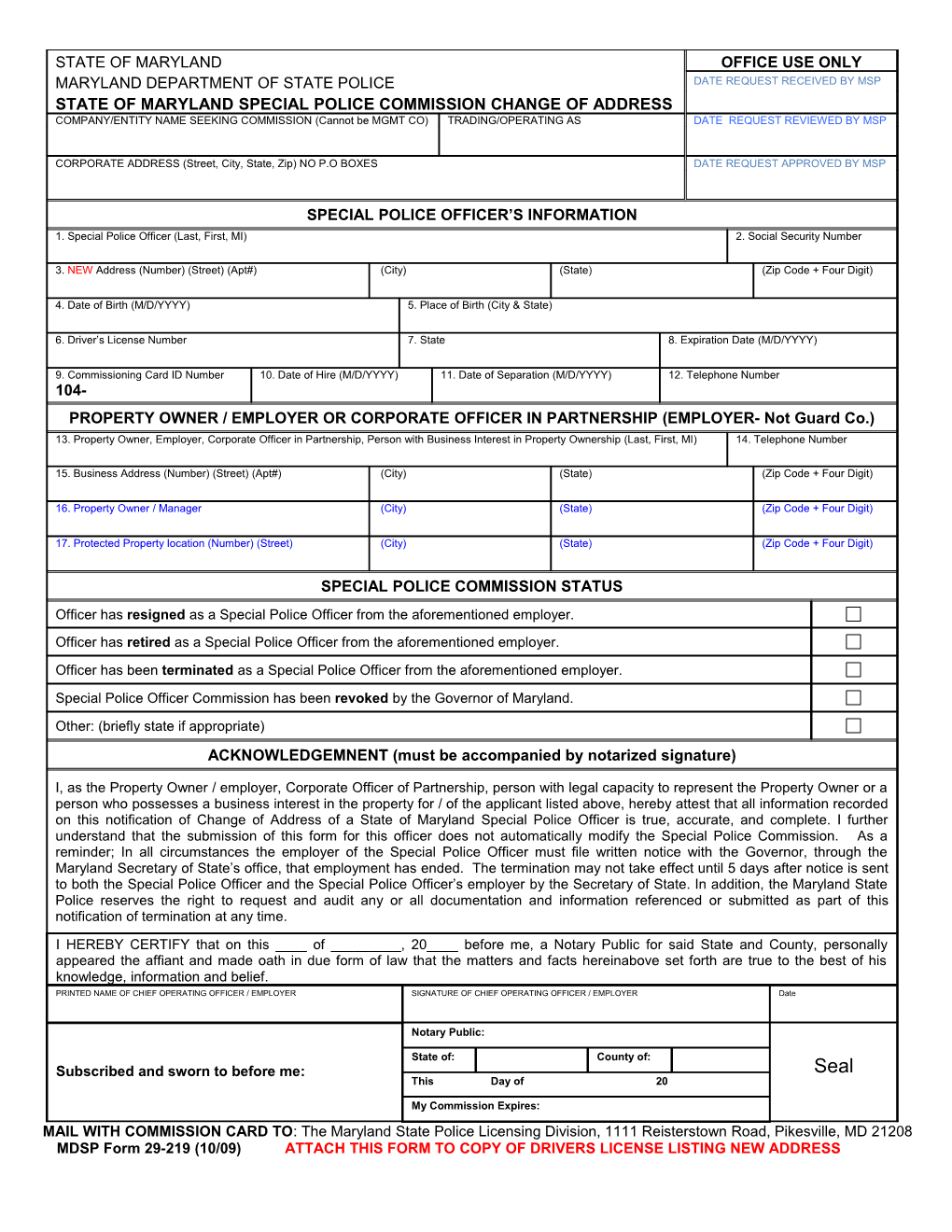 MDSP Form 29-219 (10/09) ATTACH THIS FORM to COPY of DRIVERS LICENSE LISTING NEW ADDRESS