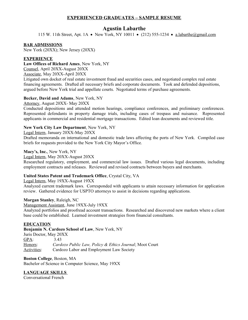 Experienced Graduates Sample Resume