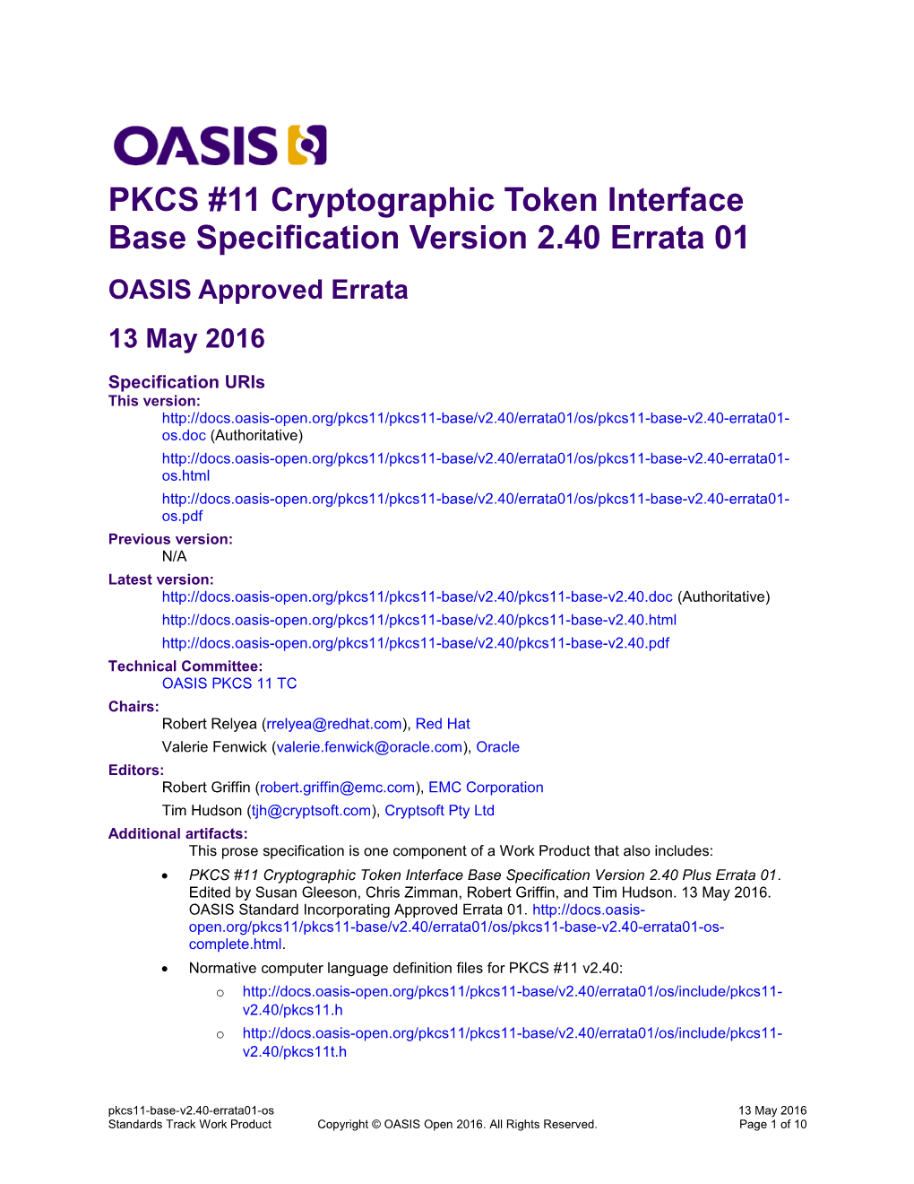 PKCS #11 Cryptographic Token Interface Base Specification Version 2.40 Errata 01