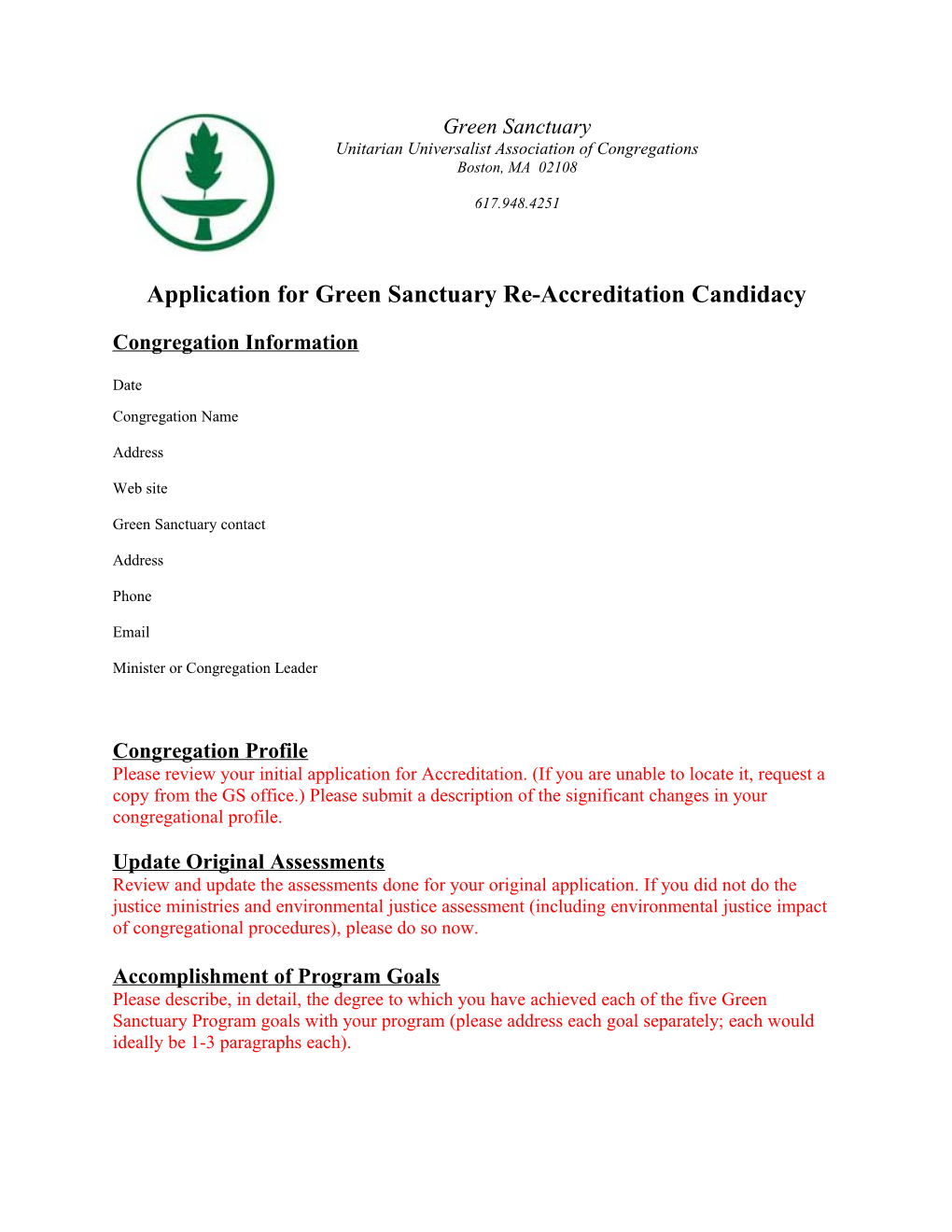 Application for Green Sanctuary Re-Accreditation Candidacy