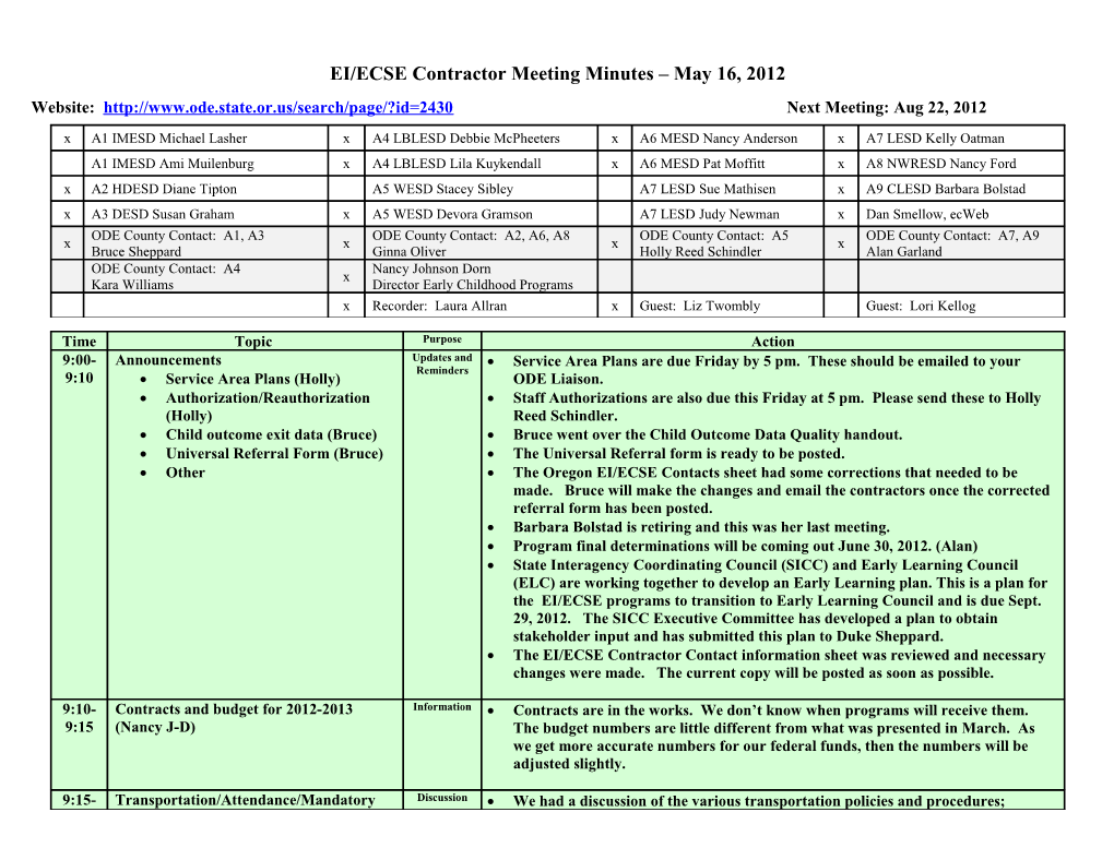 EI/ECSE Contractor Meeting Minutes May 16, 2012