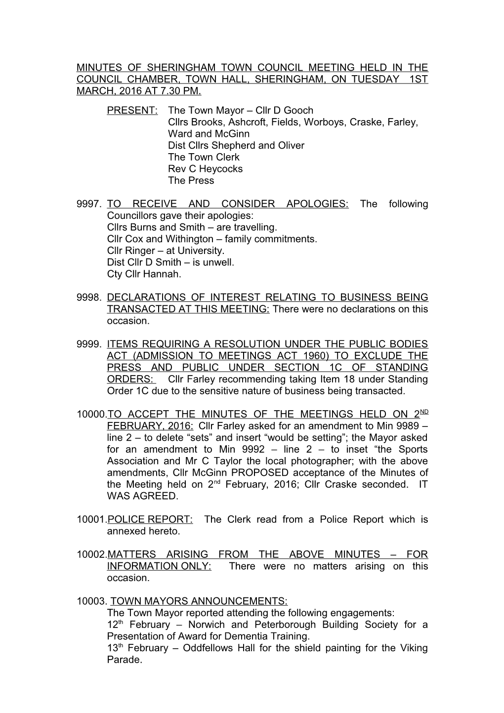 Minutes of the Sheringham Town Council Meeting Held in the Council Chamber, Town Hall s1
