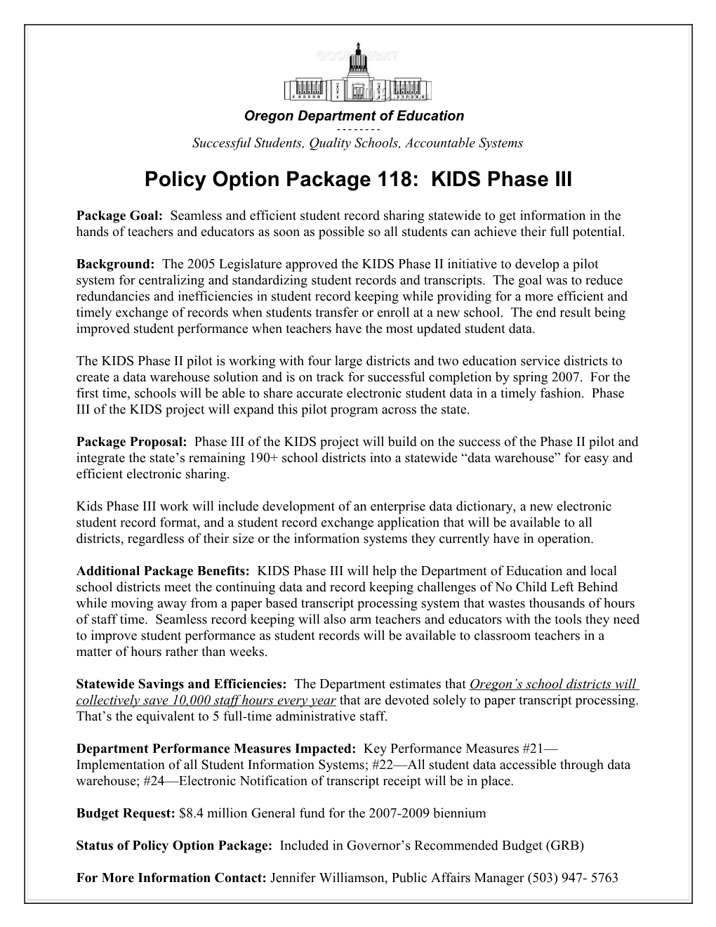 Oregon Department of Education Policy Option