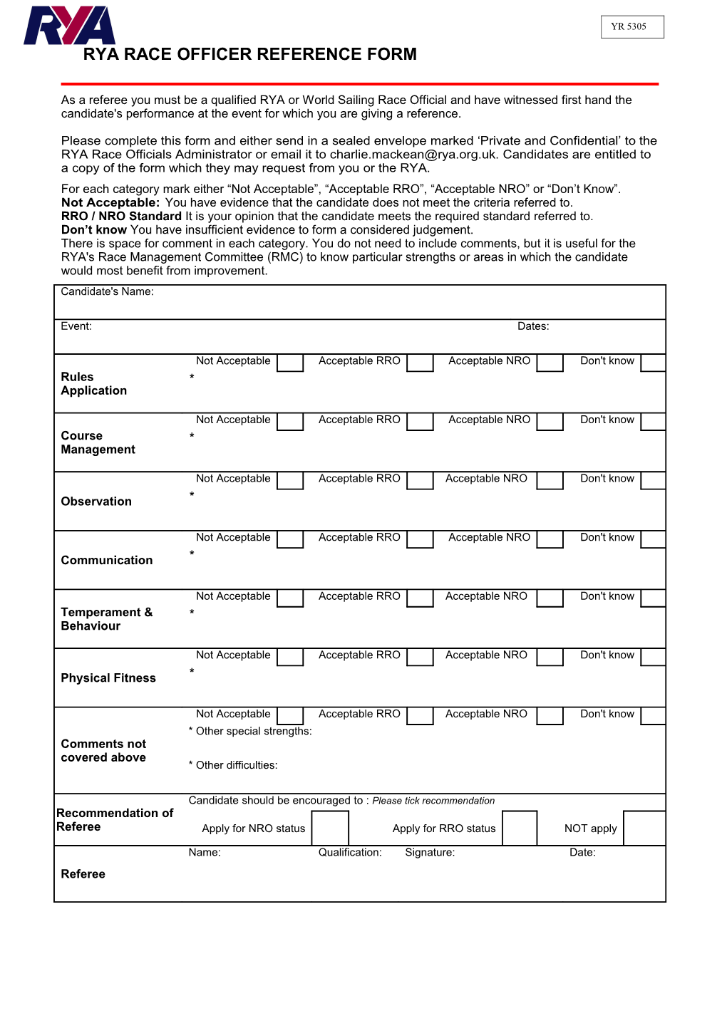 Rya Race Officer Reference Form