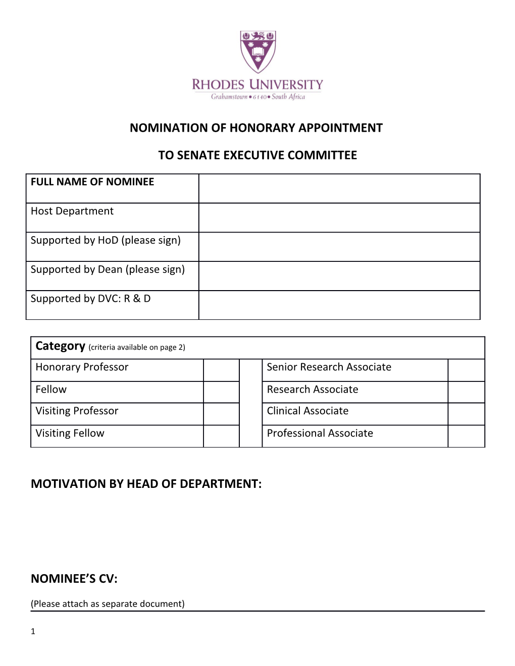 Nomination of Honorary Appointment