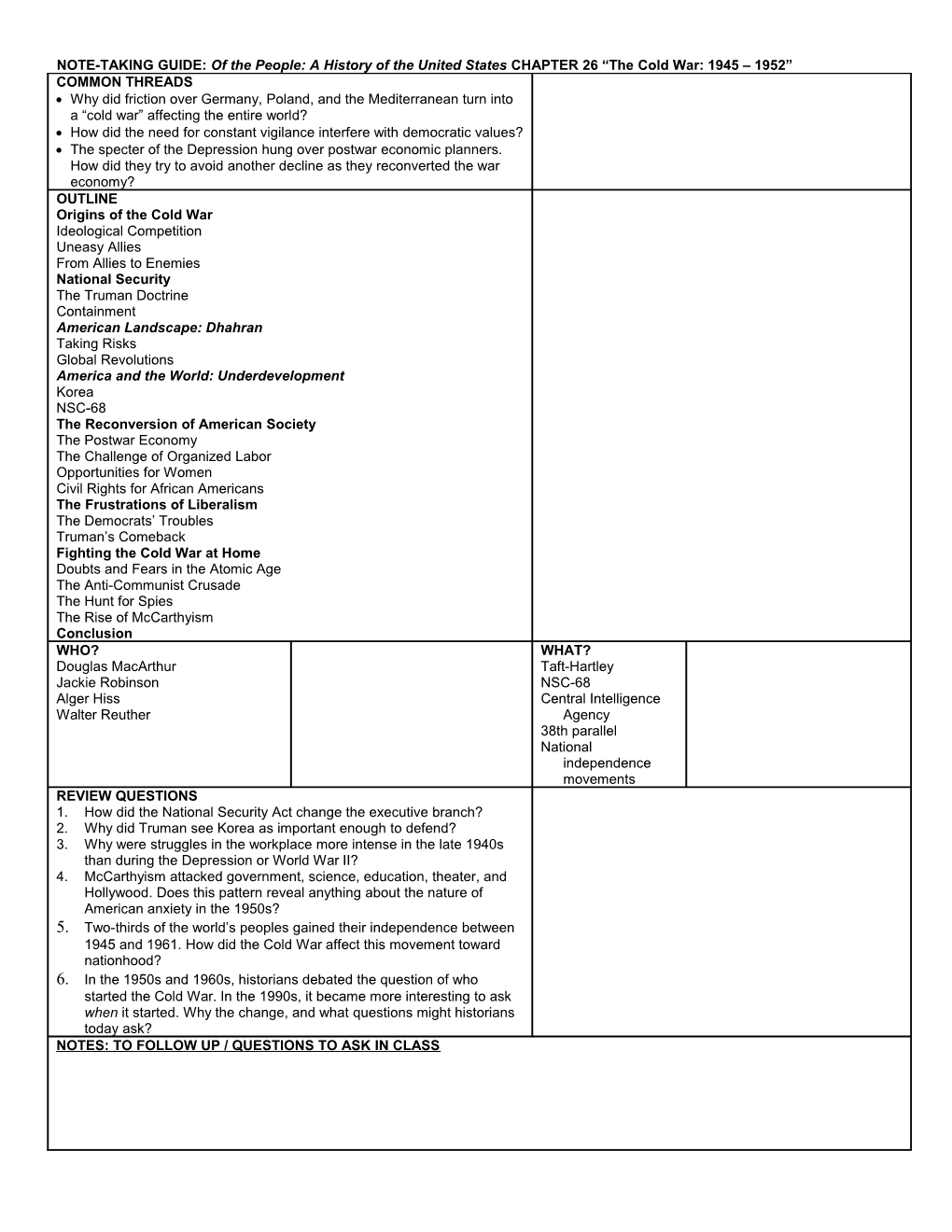 NOTE-TAKING GUIDE: of the People: a History of the United States CHAPTER 26 the Cold War