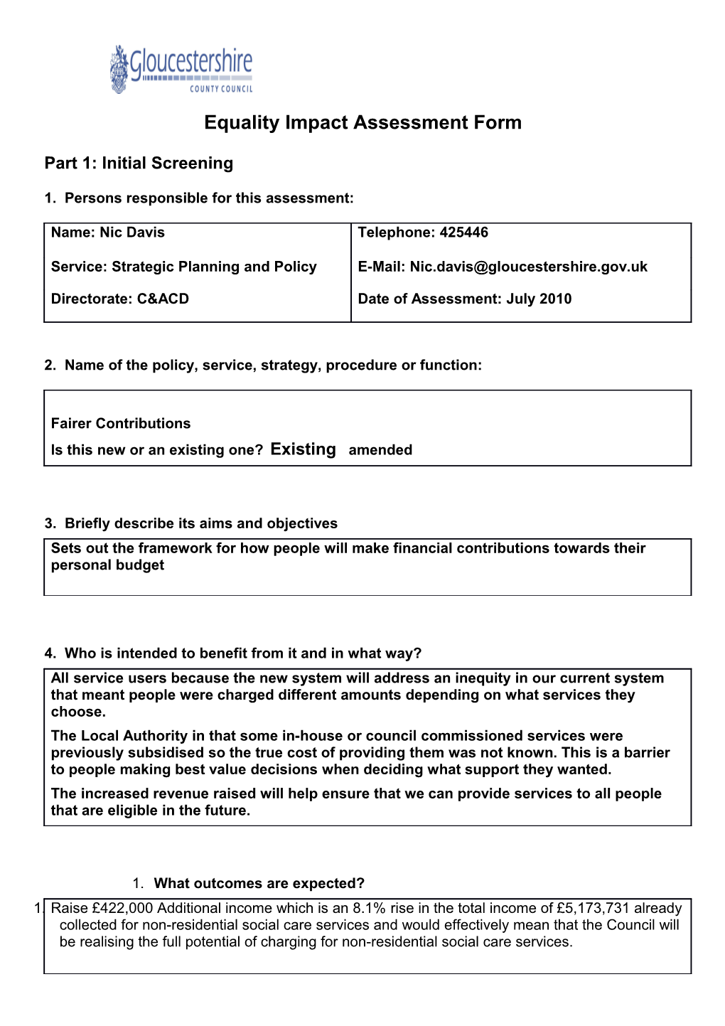 Equality Impact Assessment Form