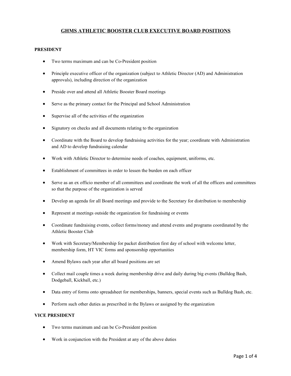 Ghms Athletic Booster Clubexecutive Board Positions