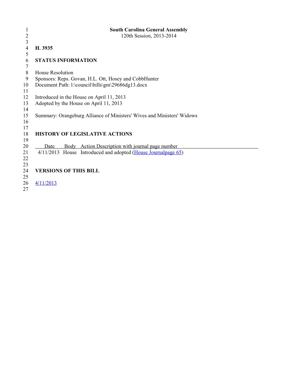 2013-2014 Bill 3935: Orangeburg Alliance of Ministers' Wives and Ministers' Widows - South