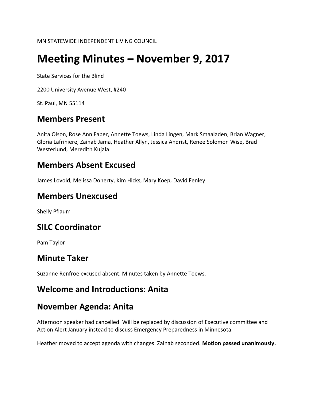 SILC Meeting Minutes for November 9, 2017