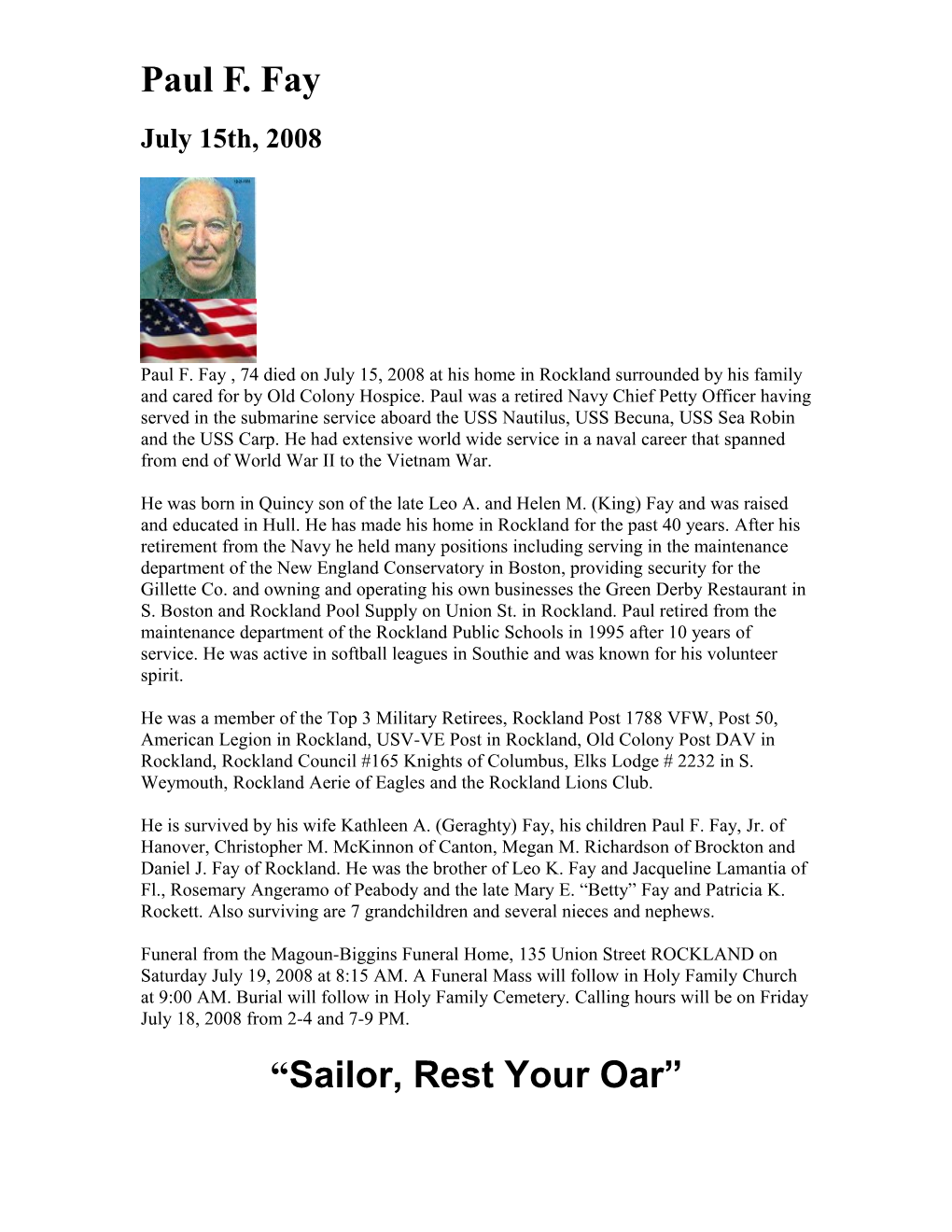 Sailor, Rest Your Oar