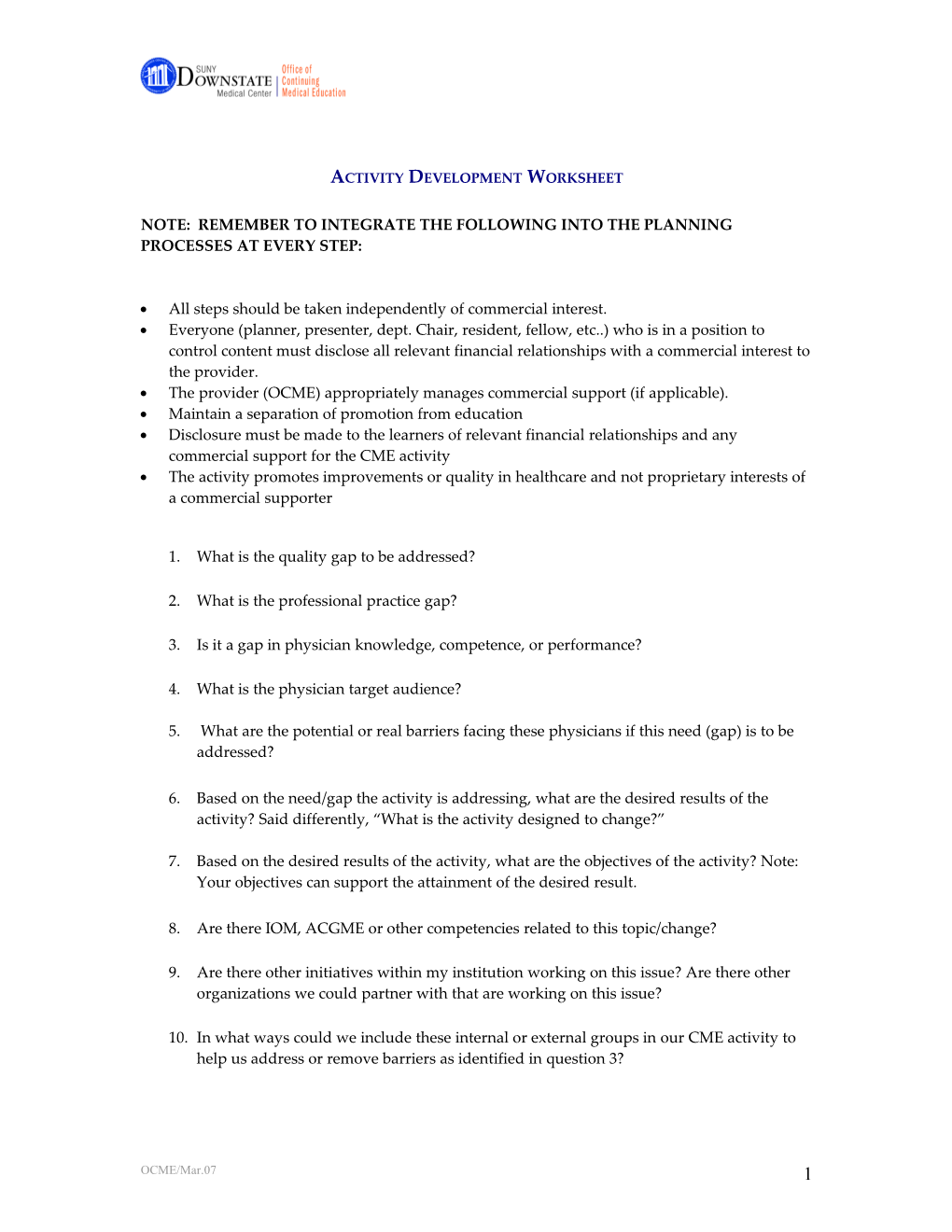 Activity Development Worksheet