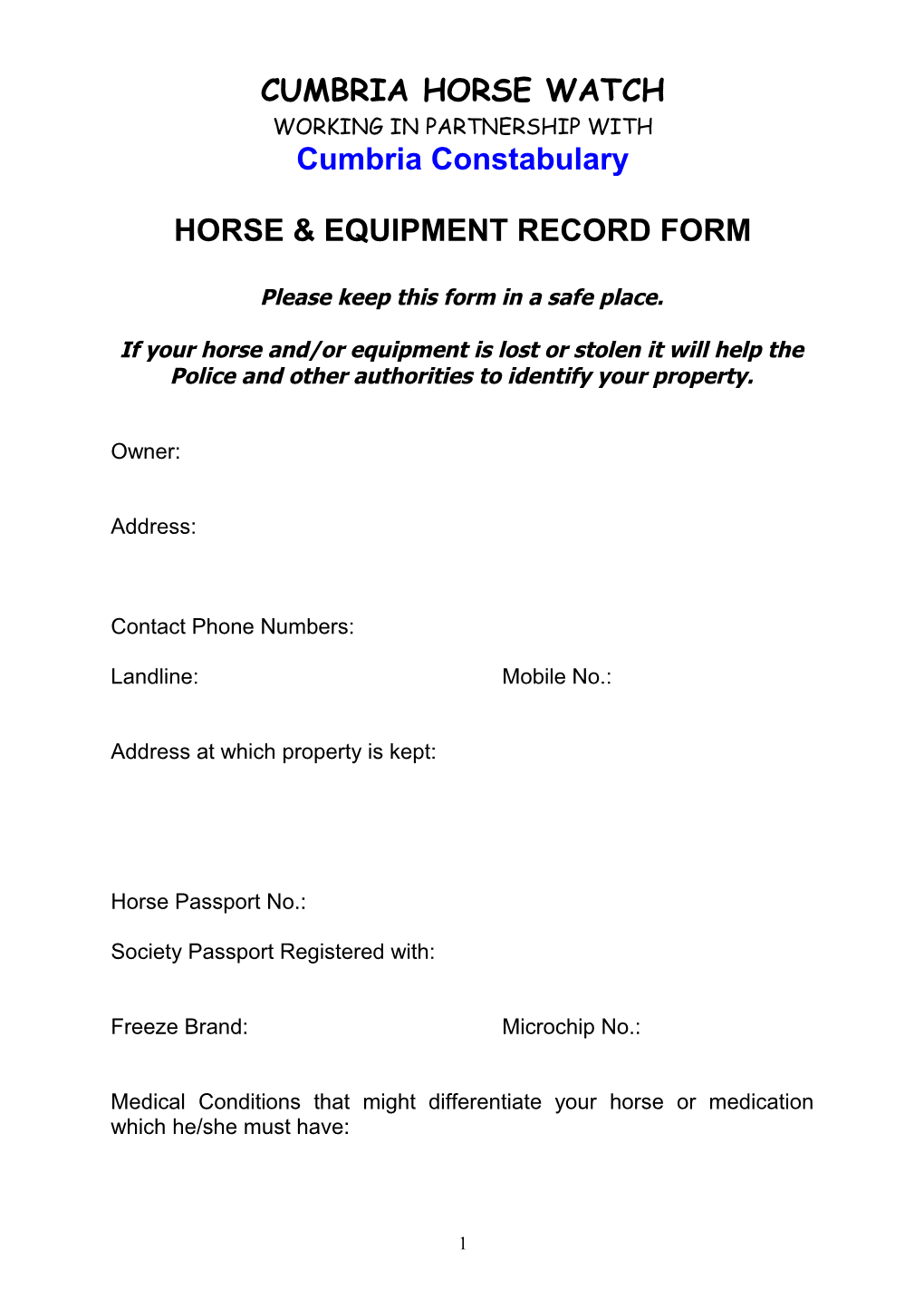 Horse Equipment Record Form