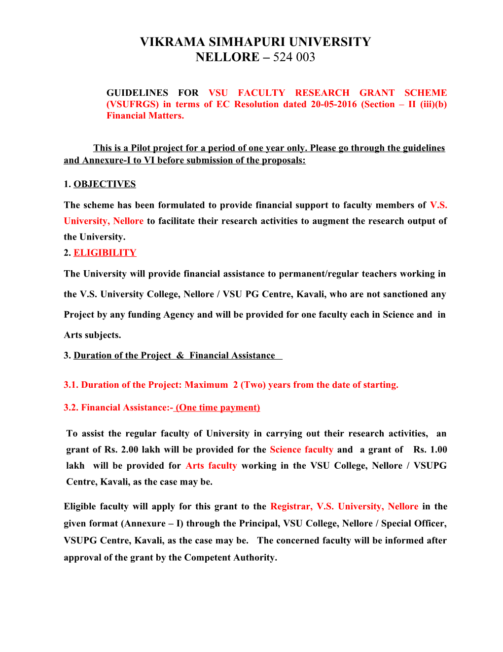 GUIDELINES for VSU FACULTY RESEARCH GRANT SCHEME (VSUFRGS) in Terms of EC Resolution Dated