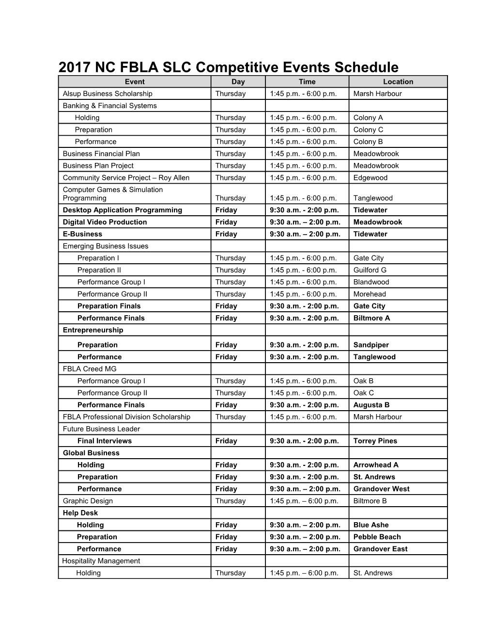 2017 NC FBLA SLC Competitive Events Schedule