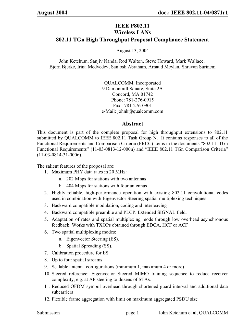 802.11 Tgn High Throughput Proposal Compliance Statement