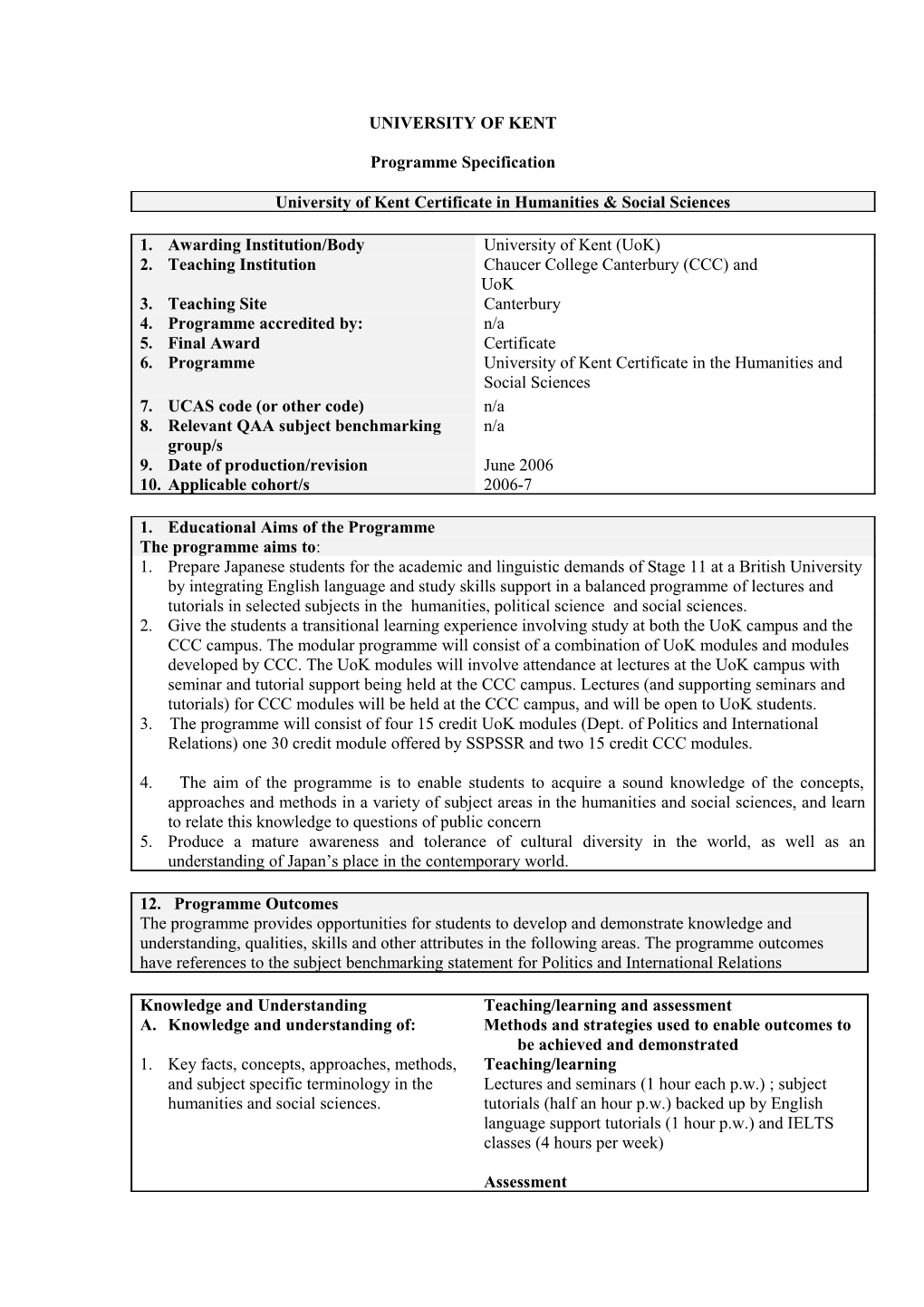 University of Kent Certificate Programme Specifications