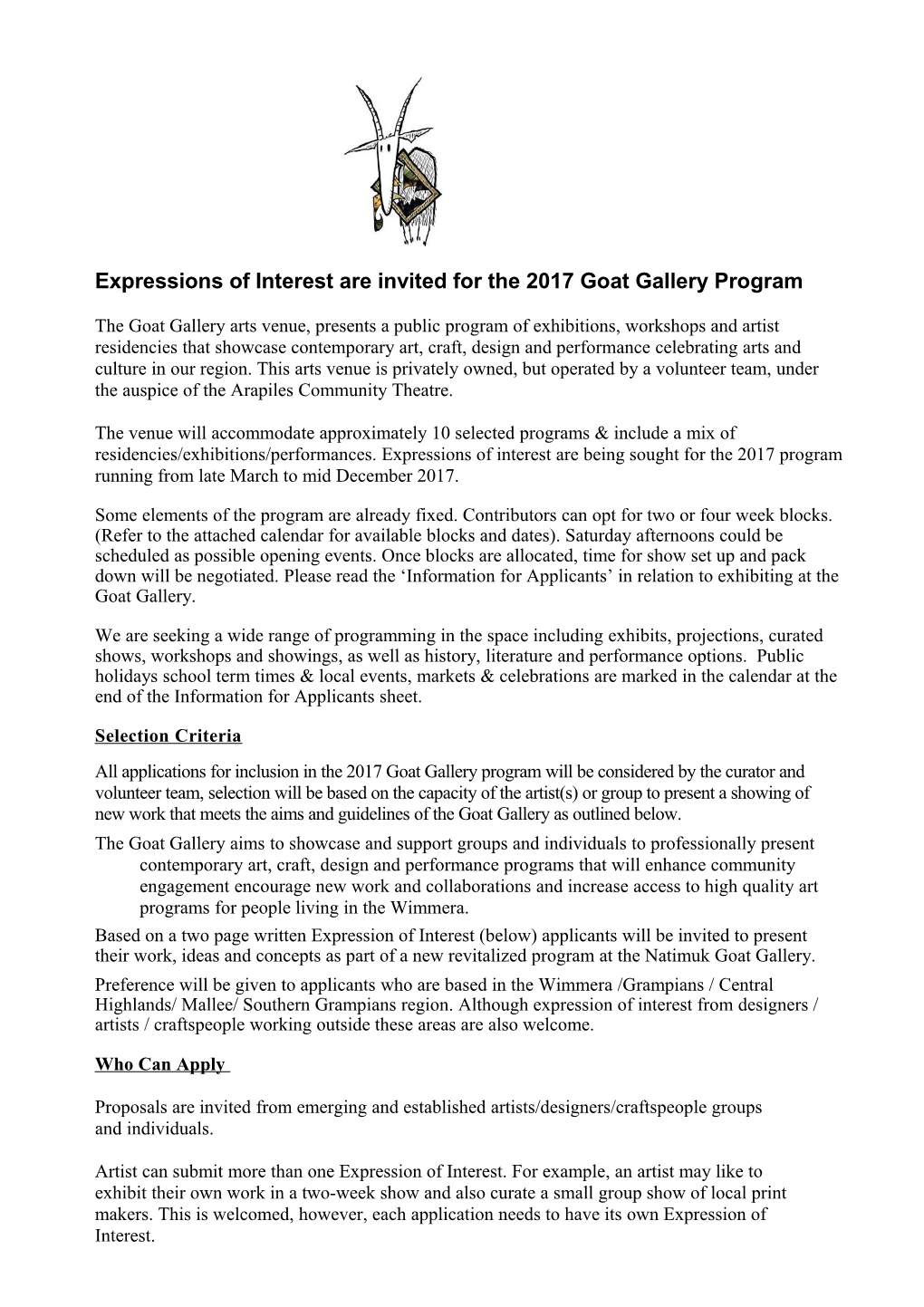 Expressions of Interest Are Invited for the 2017 Goat Gallery Program