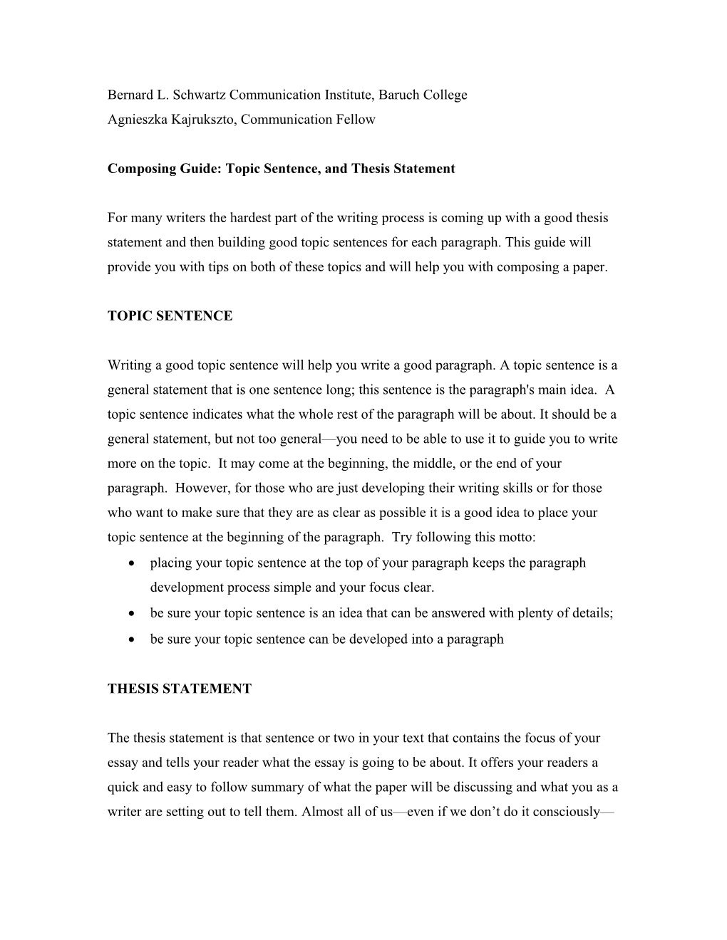 Composing Guide: Topic Sentence, and Thesis Statement