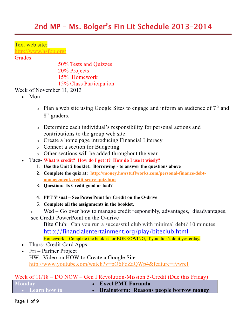 2Nd MP - Ms. Bolger S Fin Lit Schedule 2013-2014