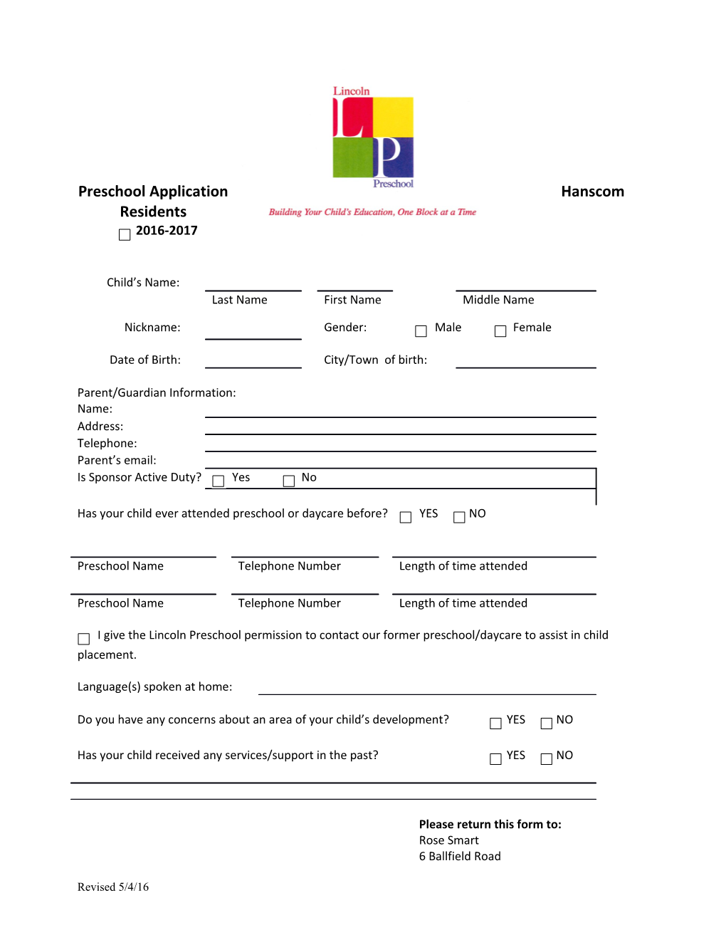 Preschool Application Hanscom Residents