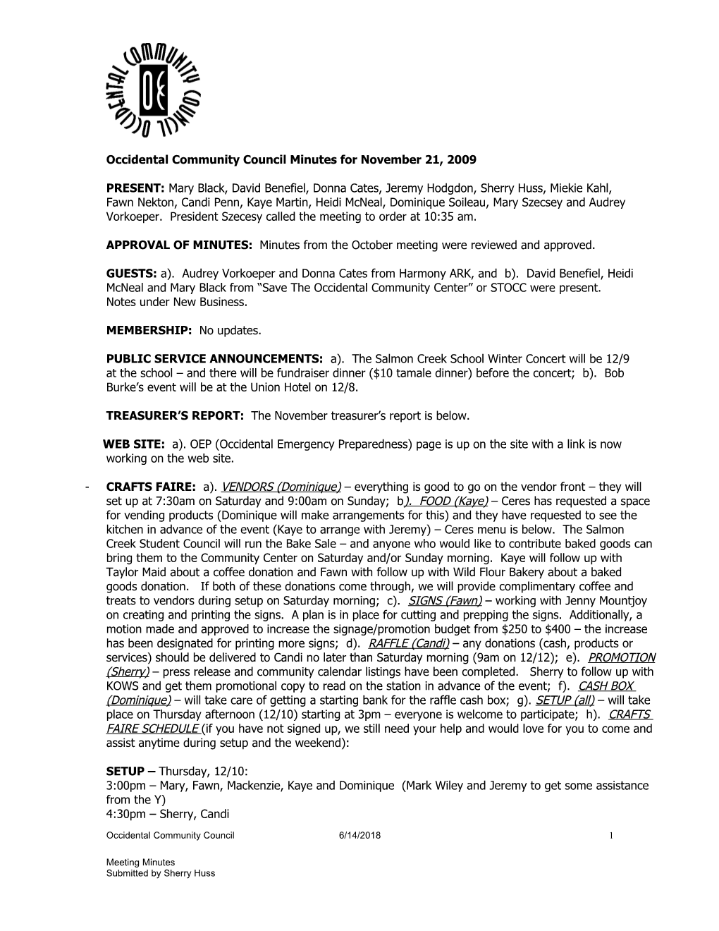 Occidental Community Council Minutes for August 20Th, 2005