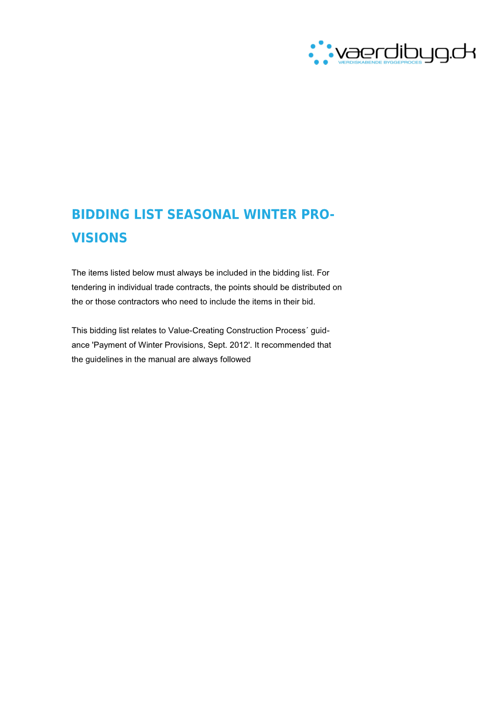 Bidding List Seasonal Winter Provisions