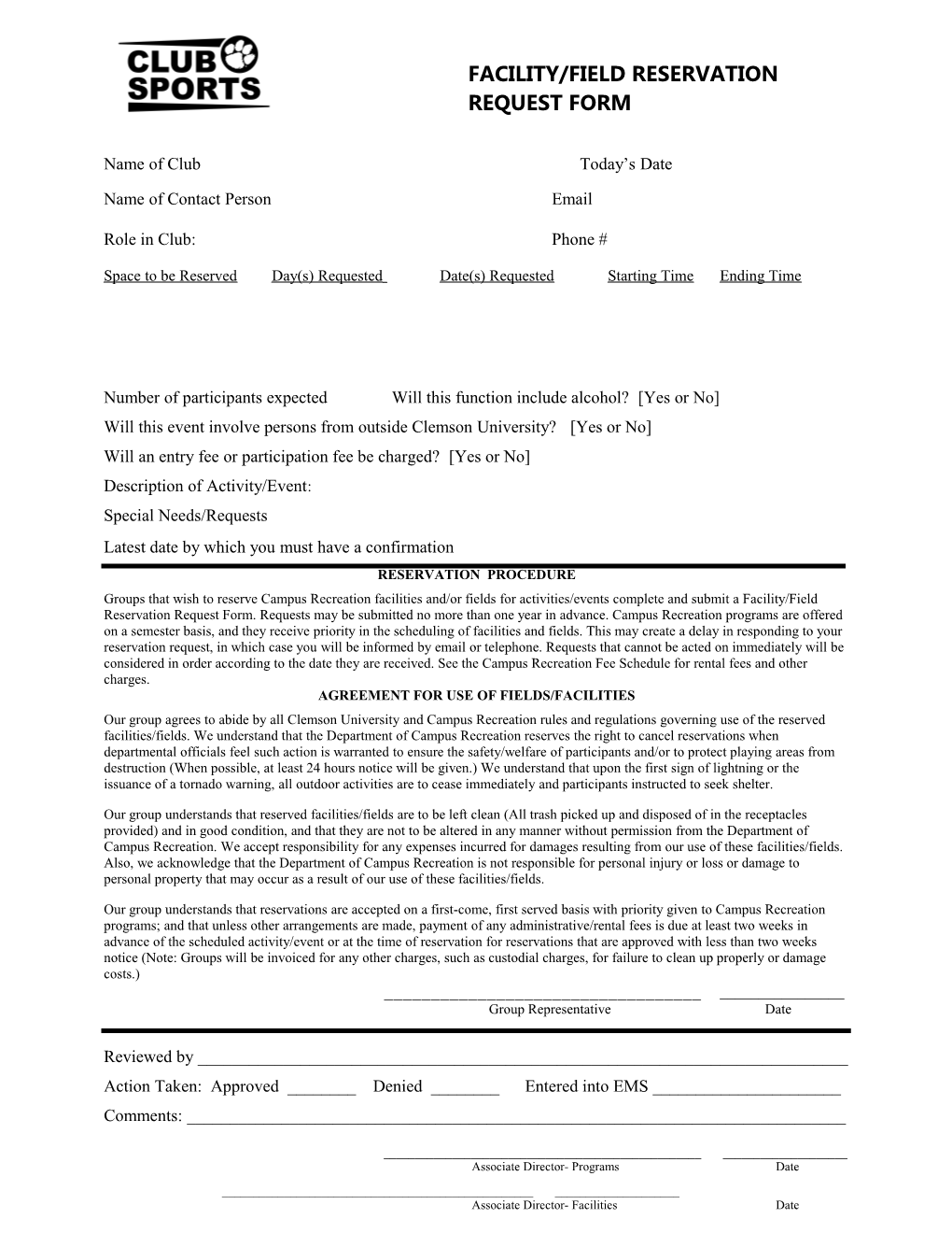 Facility/Field Reservation Request Form