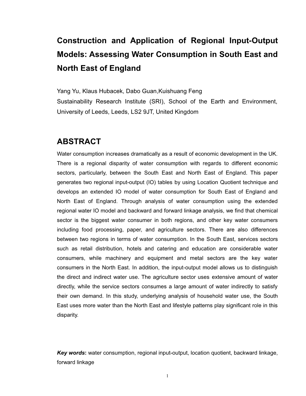 Construction and Application of Regional Input-Output Models: Assessing Water Consumption