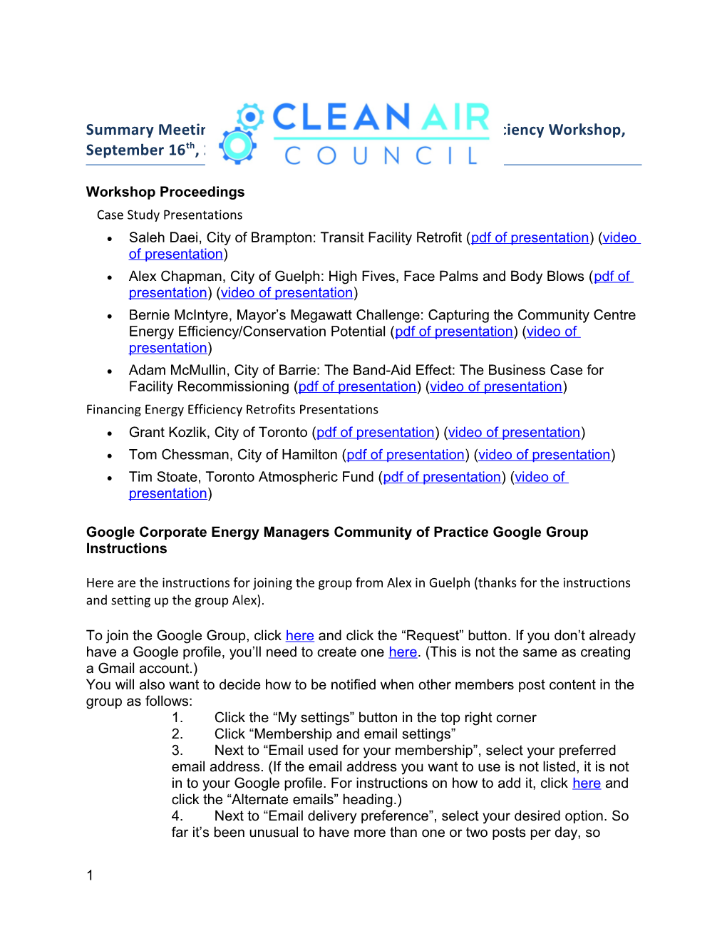 Summary Meeting Notes: Municipal Corporate Energy Efficiency Workshop, September 16Th, 2016