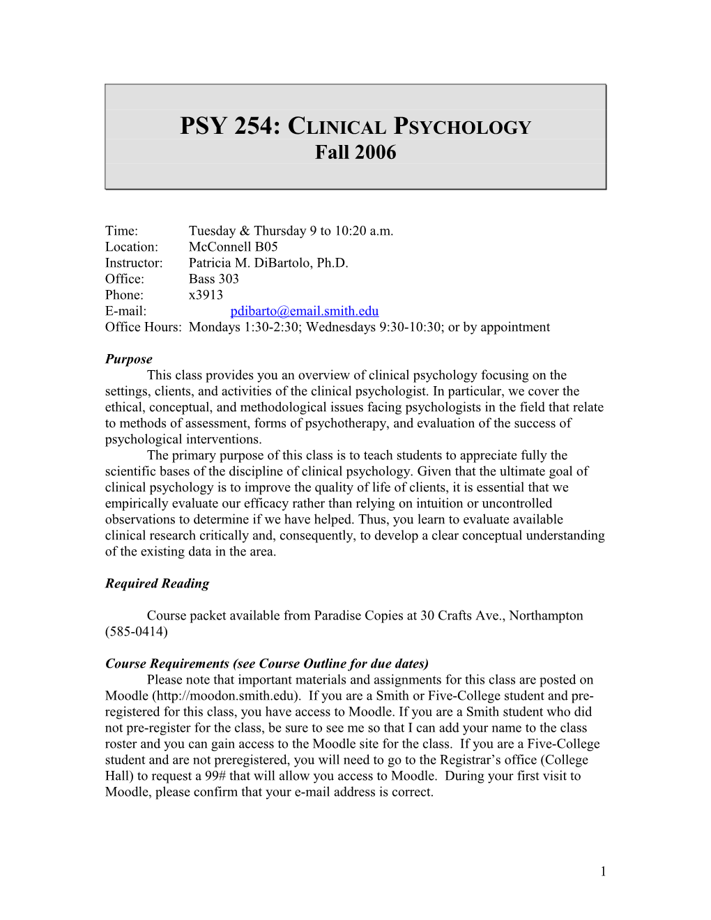 Psy 254: Clinical Psychology