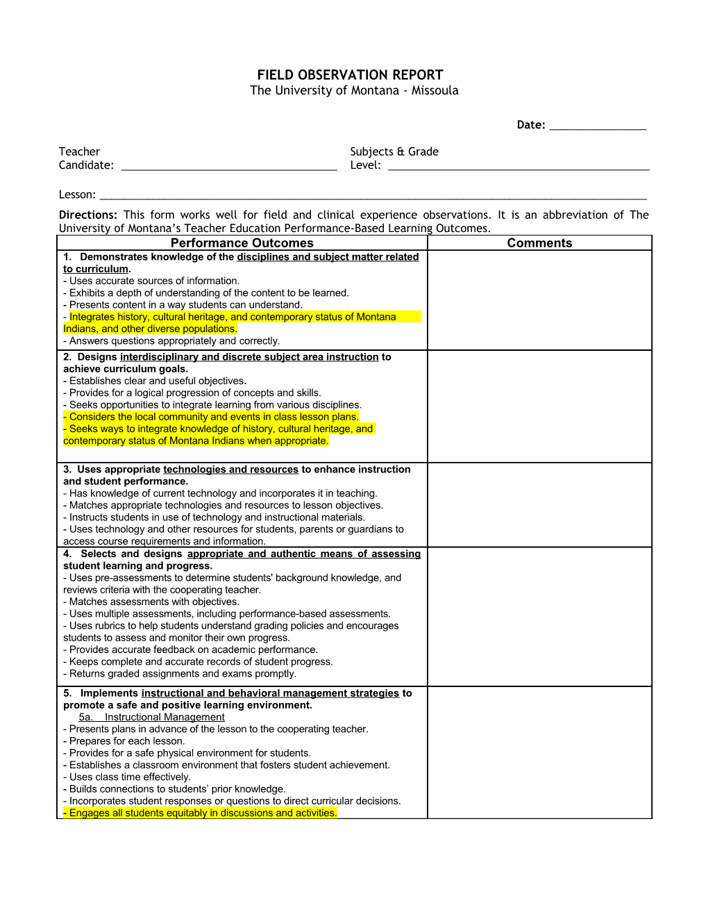 The University of Montana Student Teaching Observation Summary