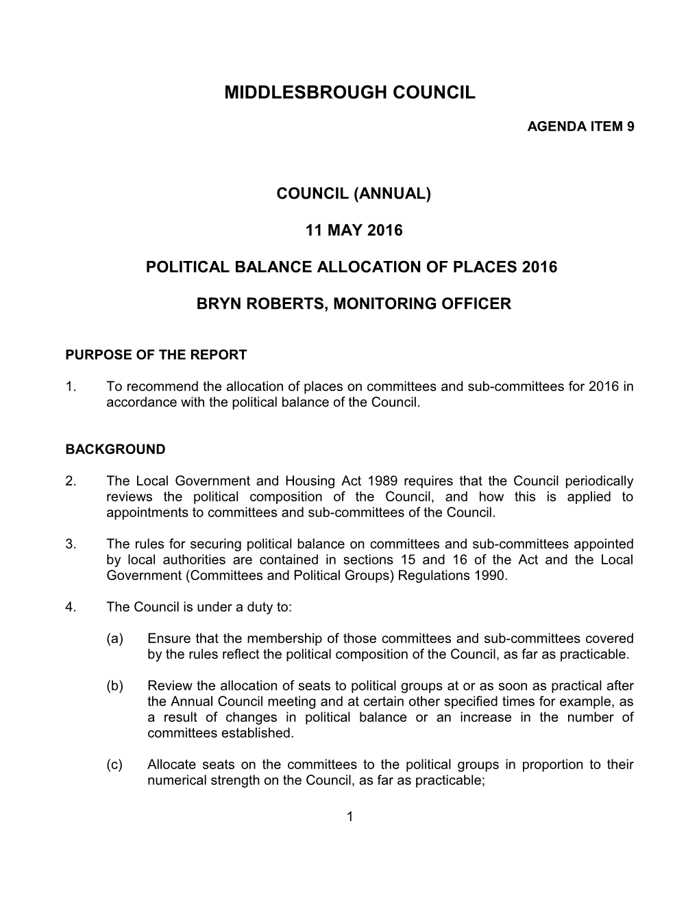 Political Balance Allocation of Places 2016