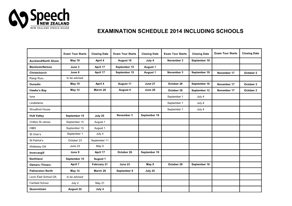 Examination Schedule 2014 Including Schools