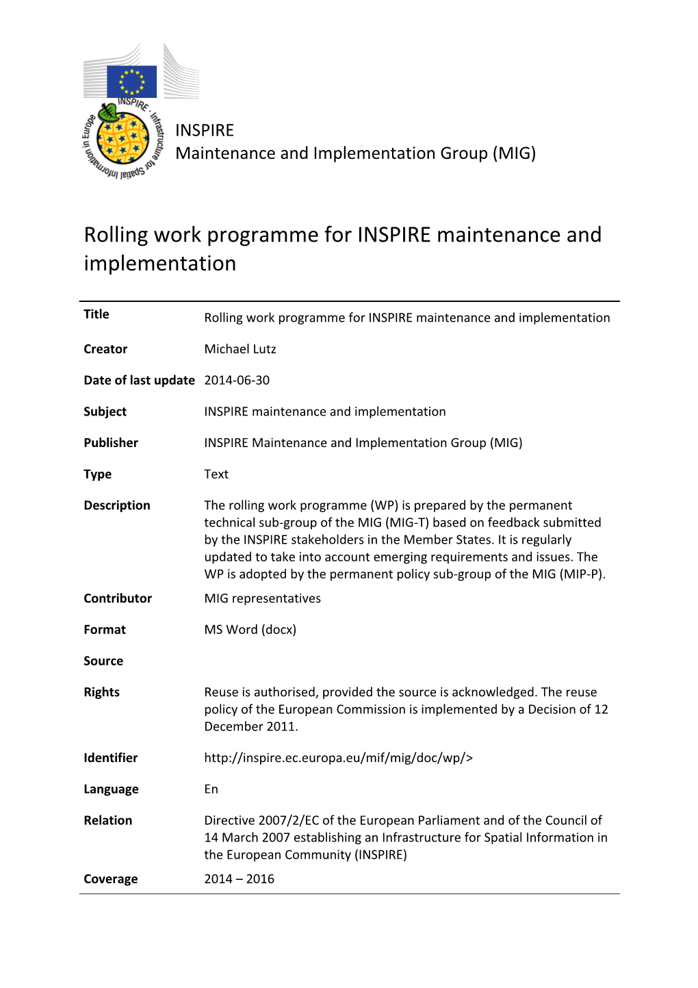 INSPIRE MIG Rolling Work Programme for INSPIRE Maintenance and Implementation