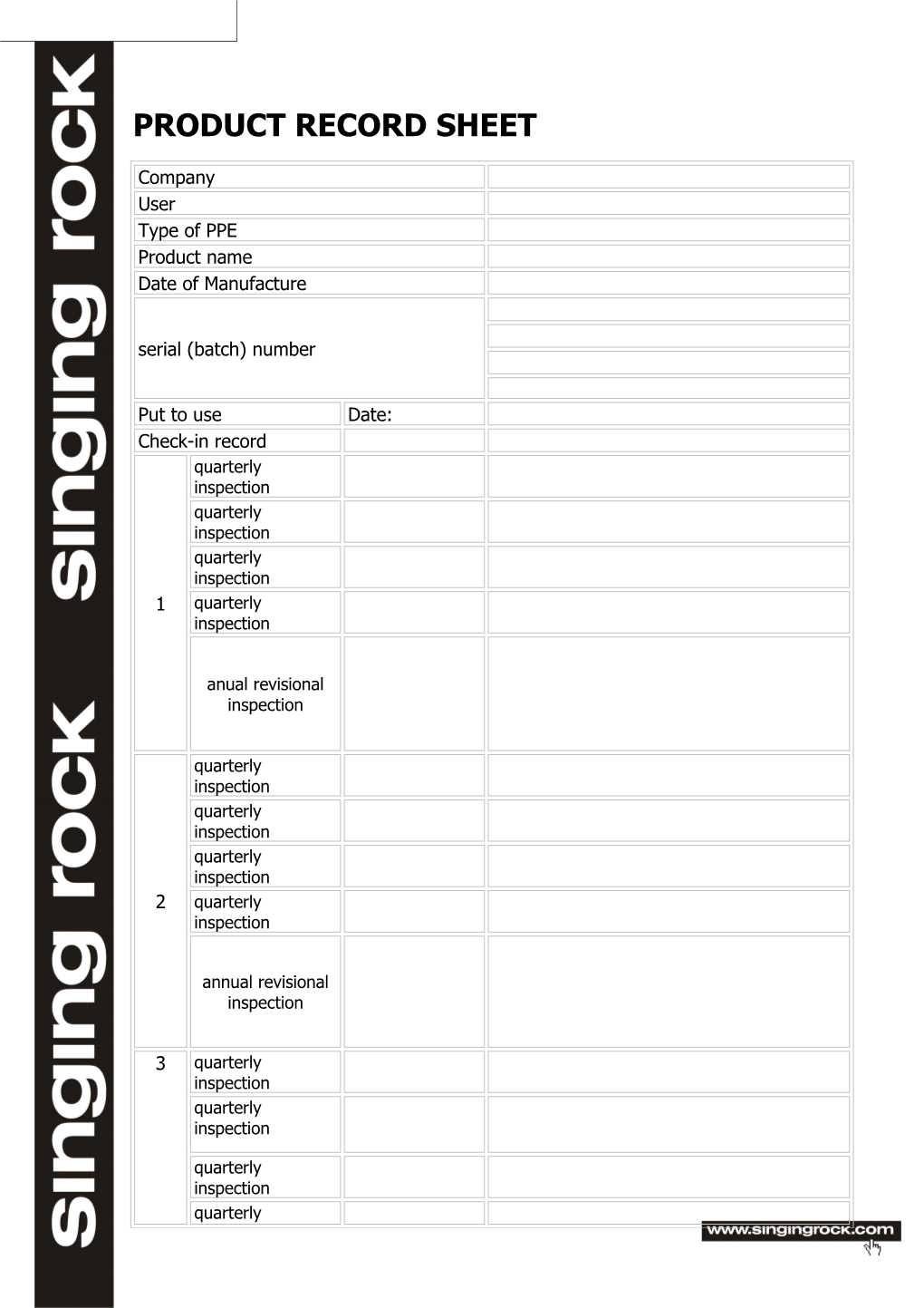 Product Record Sheet